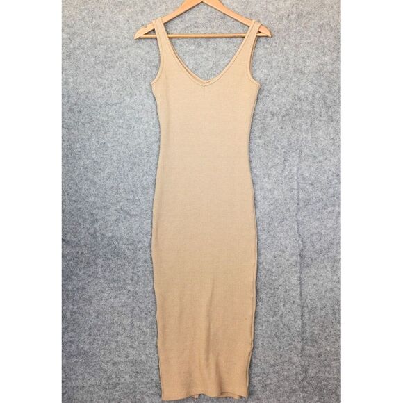 Women Ribbed Knit Midi Bodycon Dress XS Beige Slit Summer Cocktail Vacay LIONESS - Picture 1 of 16